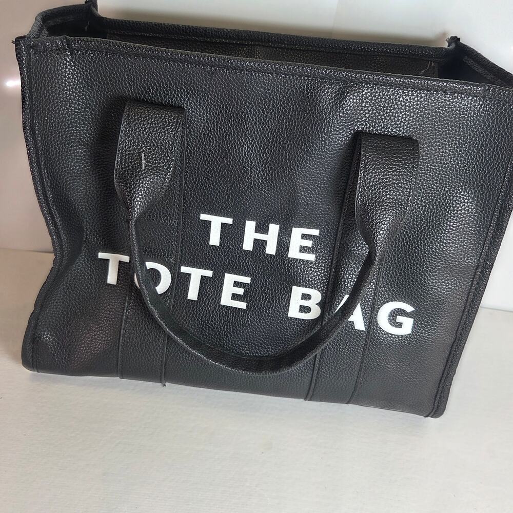 The Tote Bag Black Pebbled Faux Leather Shoulder Bag Medium Top Handle Purse